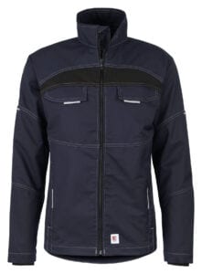 Dunkelblaue Bundjacke Flex mit durchgehendem Reißverschluss, Brusttaschen und Stehkragen, Mischgewebe mit Stretchanteil