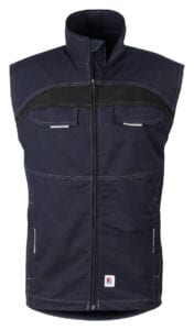 Dunkelblaue Arbeitsweste Flex mit durchgehendem Reißverschluss, Brusttaschen und Stehkragen, Mischgewebe mit Stretchanteil