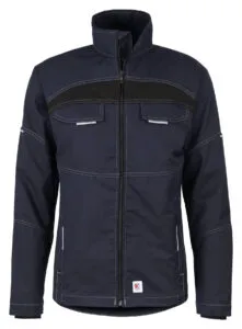 Dunkelblaue Bundjacke Flex mit durchgehendem Reißverschluss, Brusttaschen und Stehkragen, Mischgewebe mit Stretchanteil