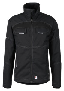 Schwarze Bundjacke Flex mit durchgehendem Reißverschluss, Brusttaschen und Stehkragen, Mischgewebe mit Stretchanteil