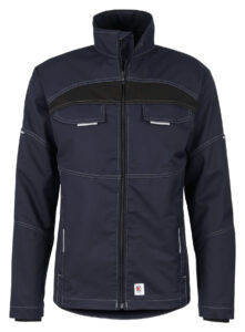 Dunkelblaue Bundjacke Flex mit durchgehendem Reißverschluss, Brusttaschen und Stehkragen, Mischgewebe mit Stretchanteil